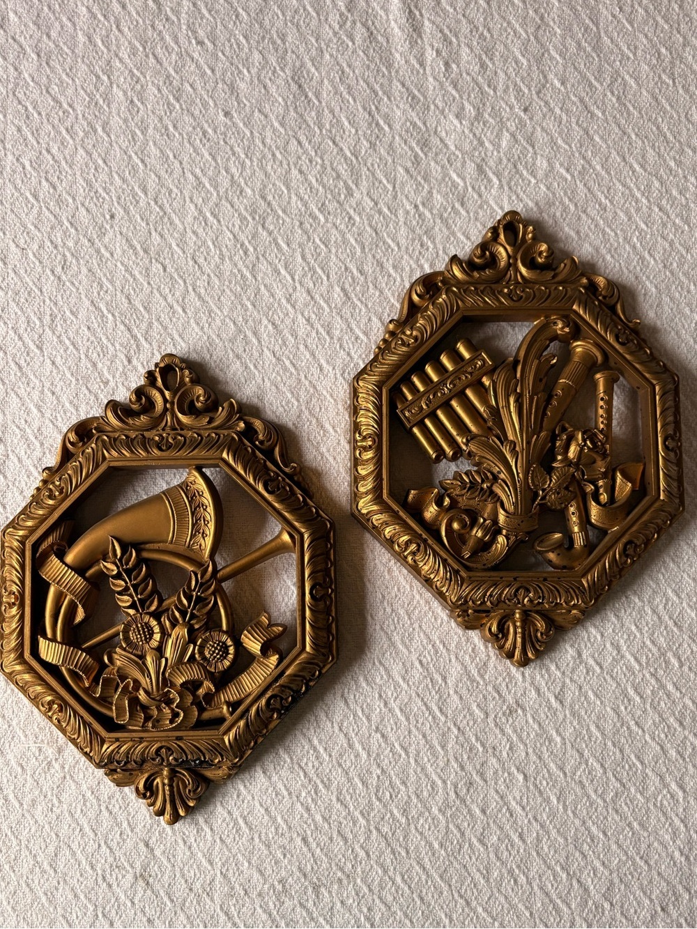 Vintage 1970s Homco Dart Ind Musical Horns Gold Wall Hanging Decor 2 Plaques Art